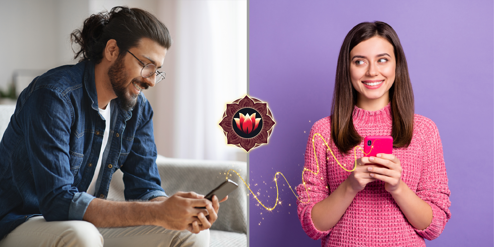 Split-screen of a kind message being typed and a happy person receiving it.